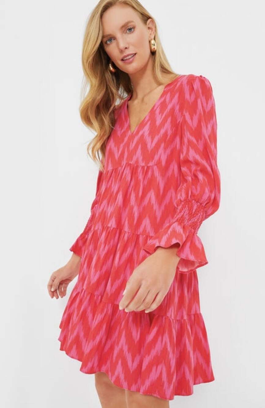Pomander Place Women’s Hot Pink Ikat Kenzo Dress Long Sleeve Size Small